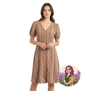Universal Thread Linen Blend Striped Button Front Midi Dress Brown Womens Small